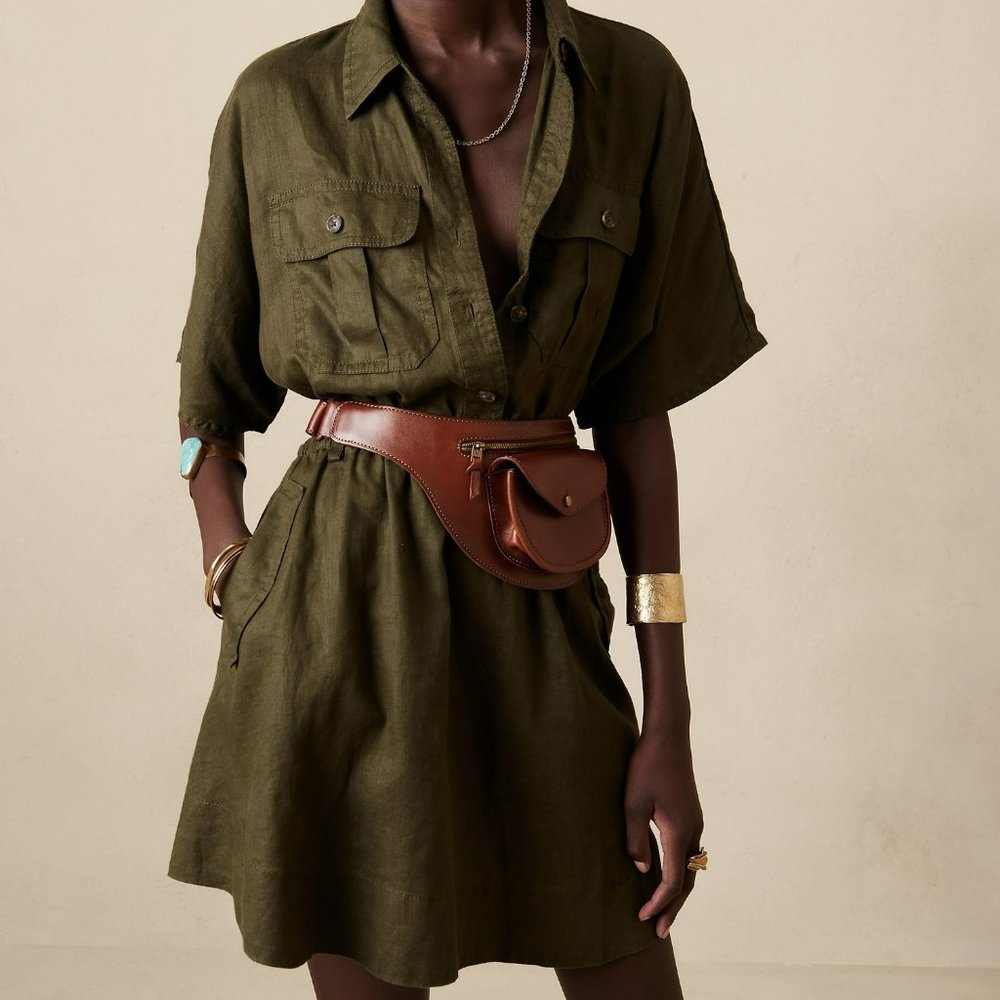 Banana Rep Petite Medium Linen Dress in Olive Green - NWT